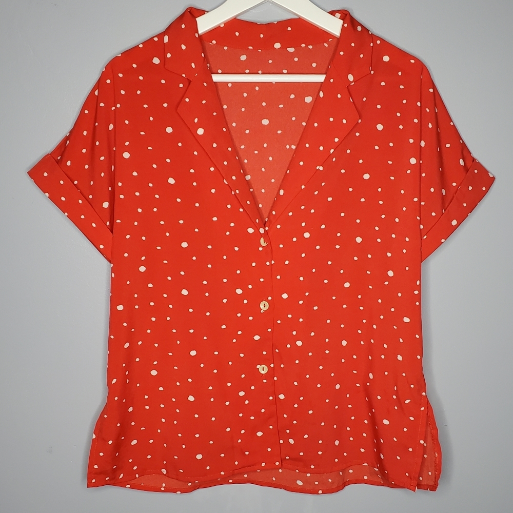 SHEIN Red Button Down with White Polka Dots